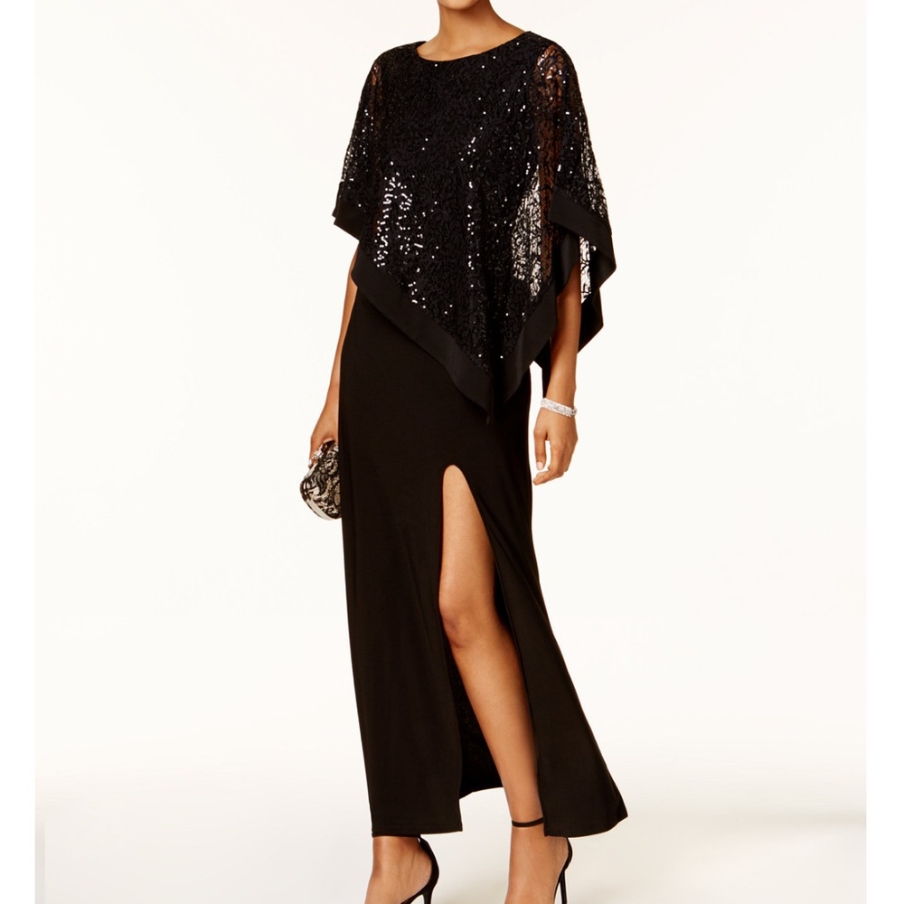 R&M Richards evening gown sequined lace poncho and captivating front slit. Sz 12